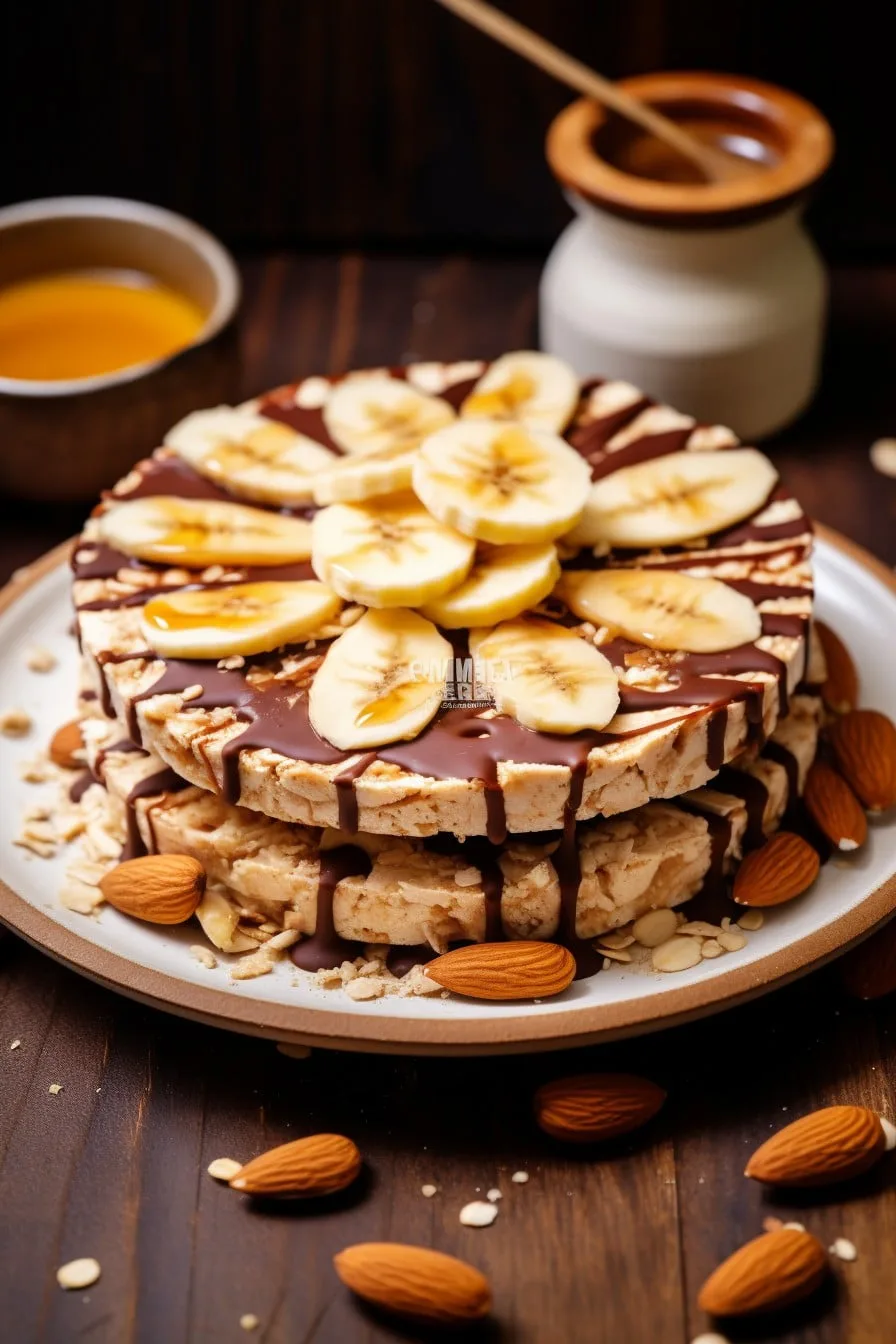 Rice cakes topped with almond butter and fresh banana slices on a plate