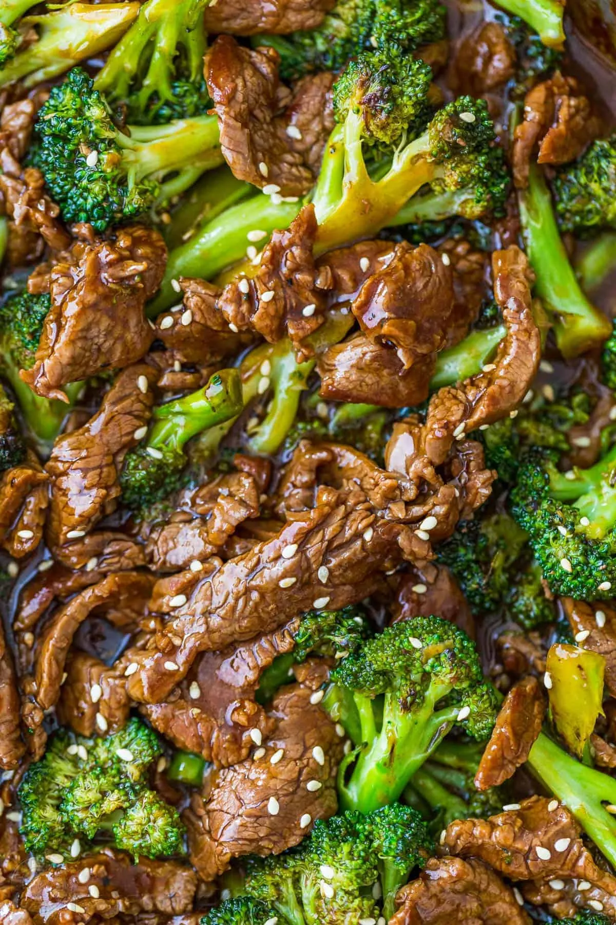 Tender beef strips and broccoli florets in a glossy brown sauce