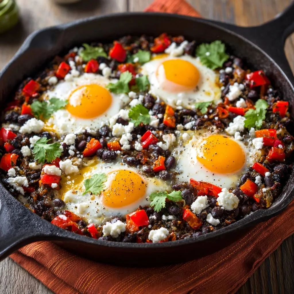 Cast iron skillet with black beans, fried eggs, and fresh toppings