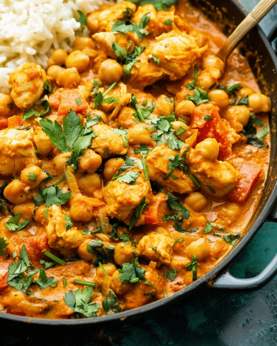 A bowl of golden chicken and chickpea curry garnished with fresh cilantro
