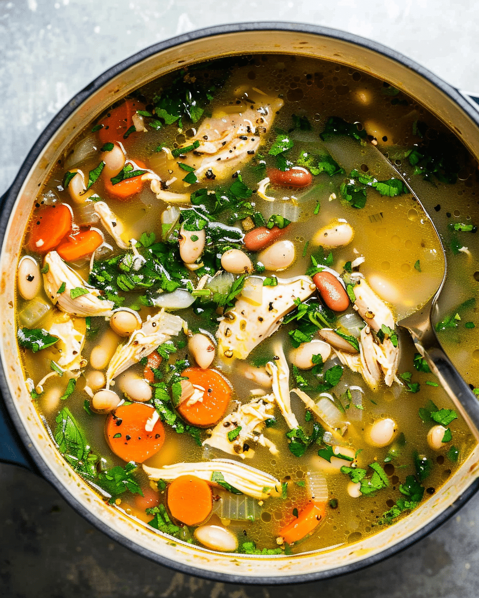 A hearty bowl of chicken and white bean soup with herbs on top