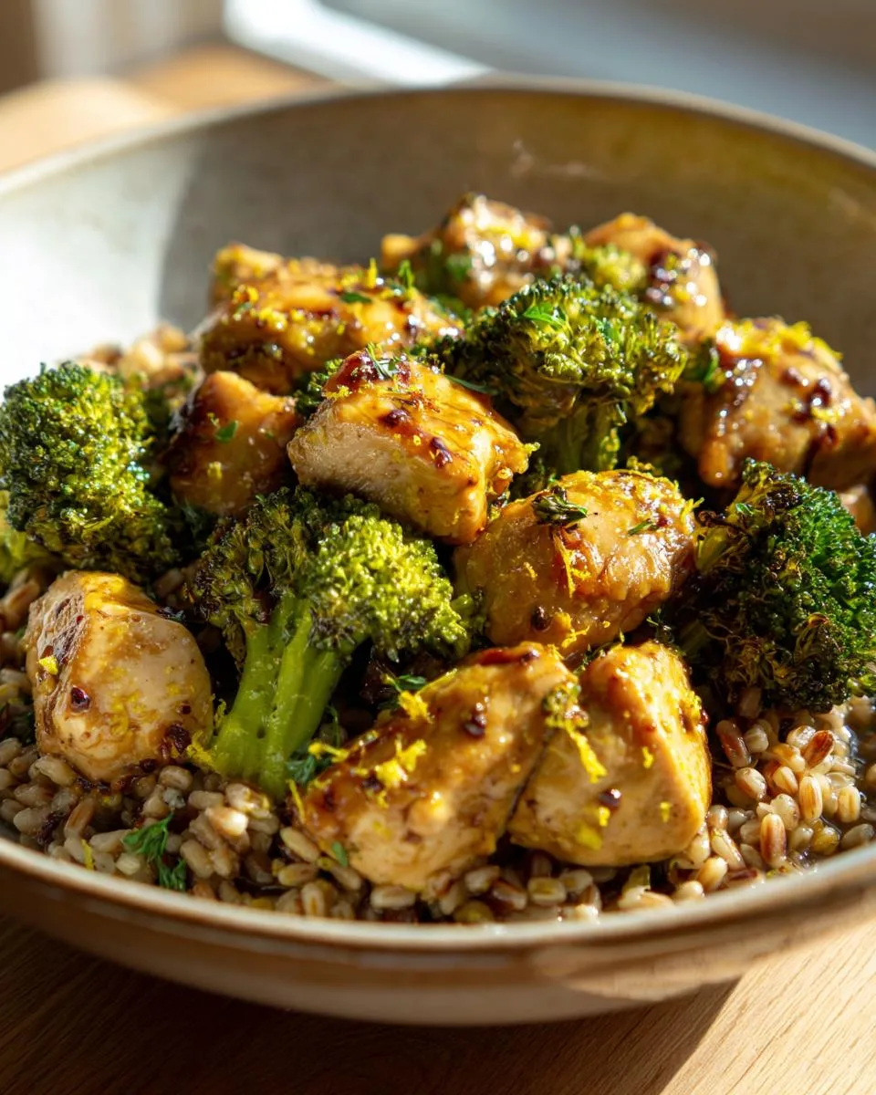 A hearty bowl with grilled chicken, steamed broccoli, and farro grains
