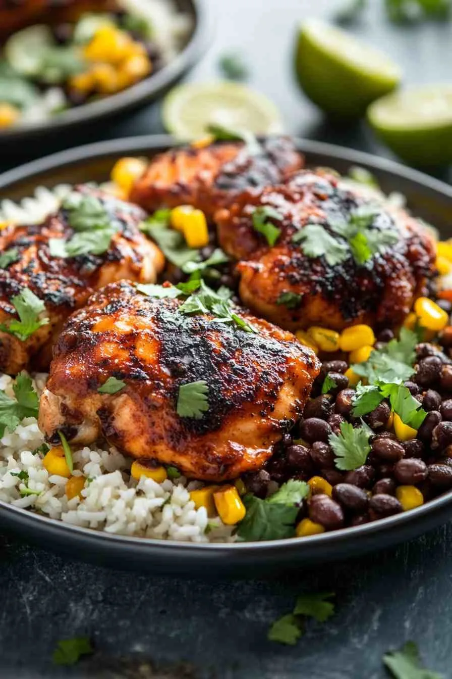 Smoky chipotle chicken thighs served over seasoned black beans on a plate