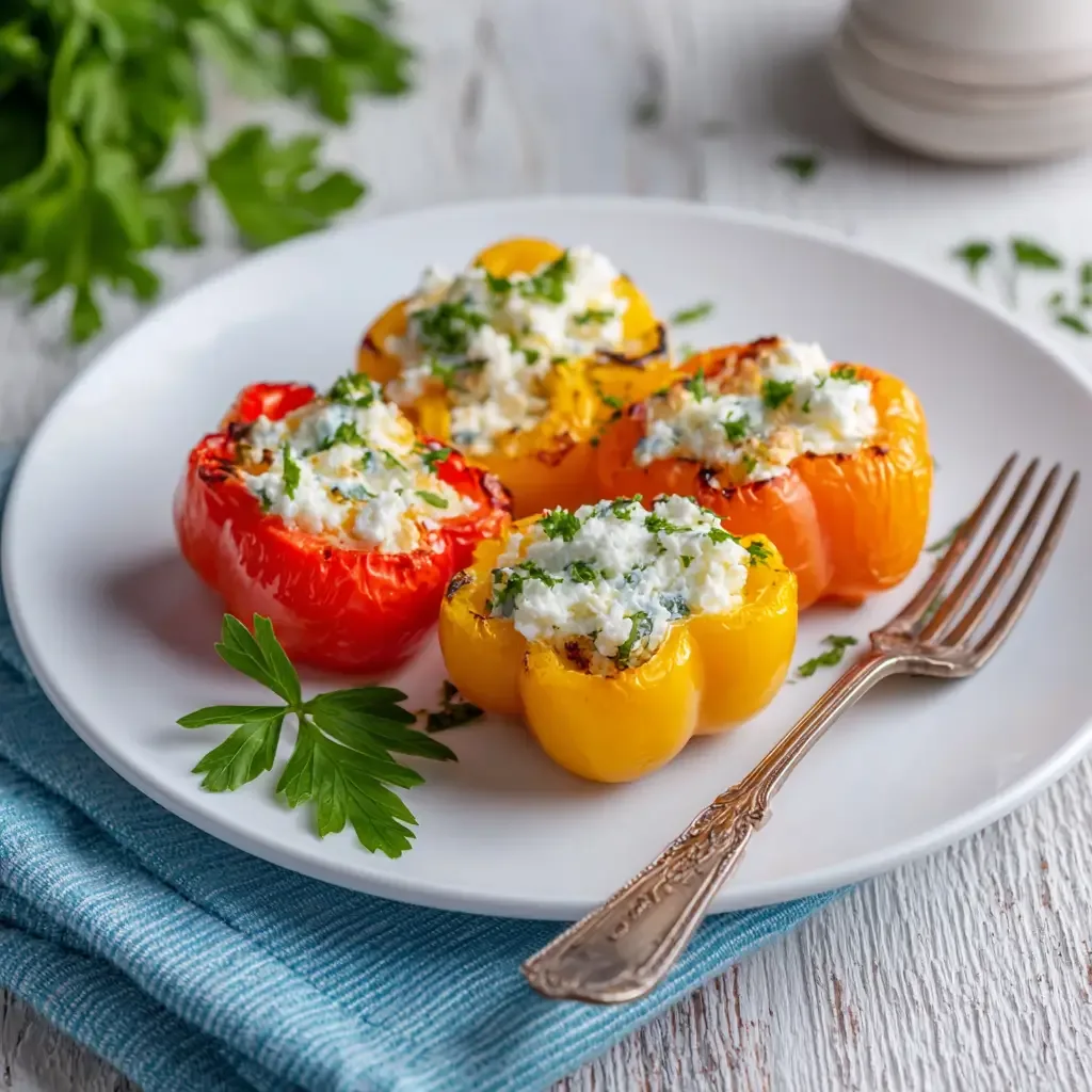 Colorful stuffed bell peppers filled with cottage cheese and fresh vegetables on a plate