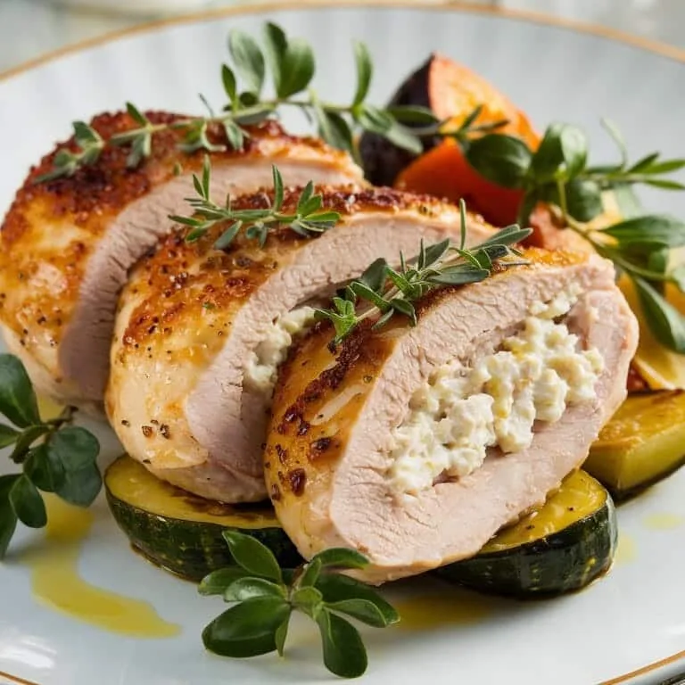 Sliced stuffed chicken breast filled with creamy cottage cheese on a white plate