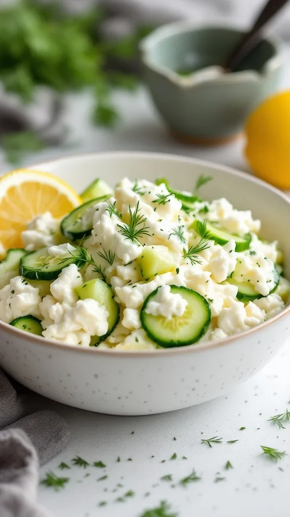 Bowl of creamy cottage cheese topped with fresh cucumber slices and dill