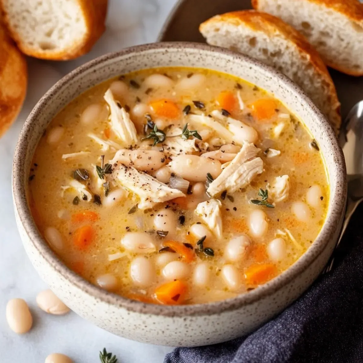 Creamy white bean and chicken soup in a bowl with fresh herbs