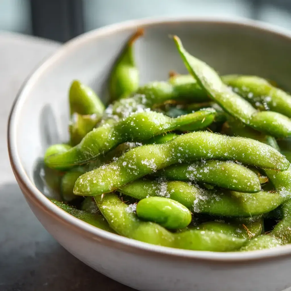 Steamed edamame pods sprinkled with flaky sea salt in a white bowl