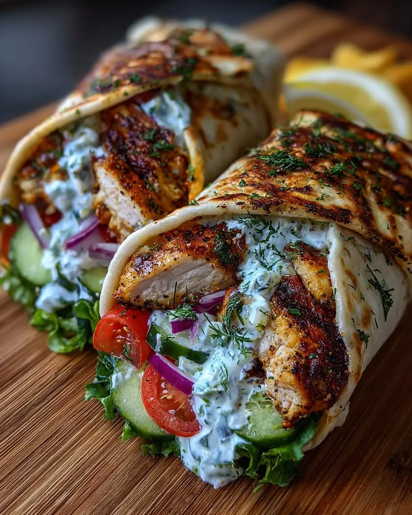 Grilled chicken wrap with tzatziki sauce, fresh vegetables, and warm flatbread