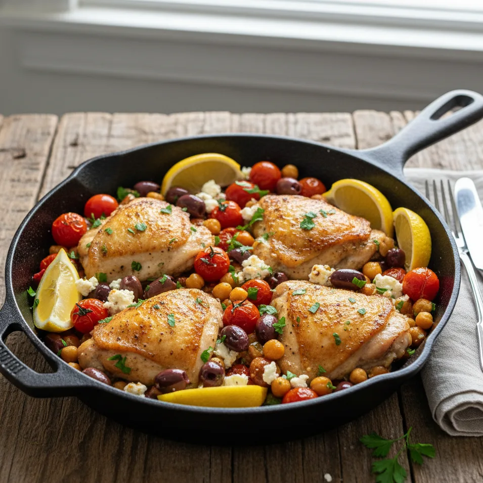 Baked Greek chicken thighs with olives, chickpeas, and fresh herbs in a pan