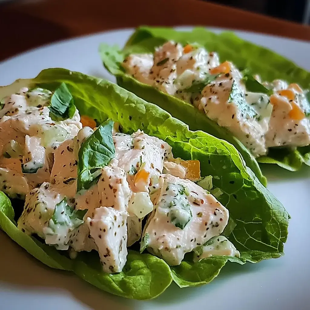 Chicken salad scooped into crisp lettuce cups topped with fresh herbs