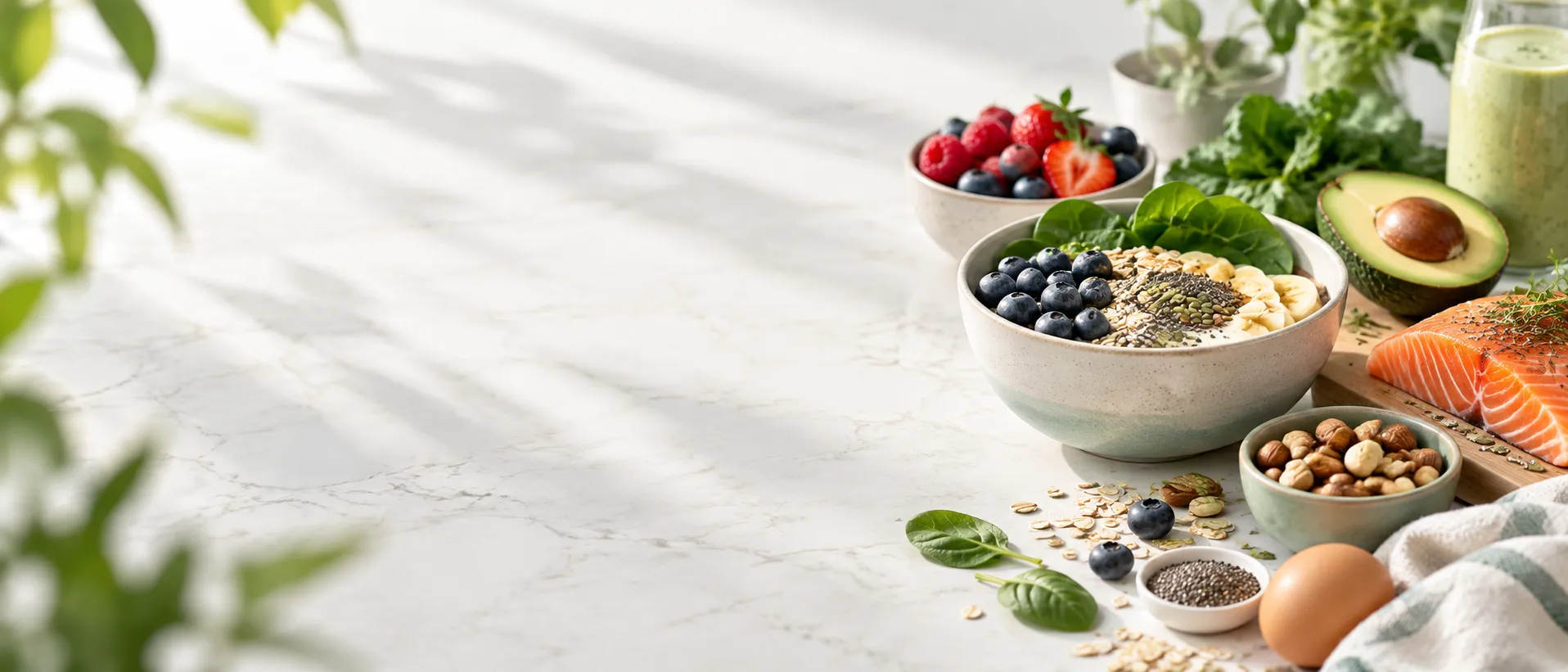 Fresh high-protein foods including berries, a smoothie, avocado, salmon and seeds