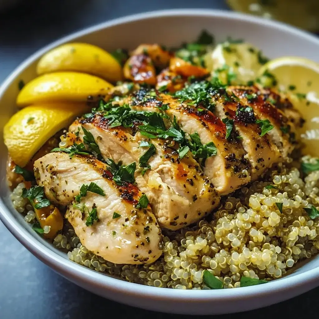 Grilled lemon herb chicken served over fluffy quinoa with fresh herbs