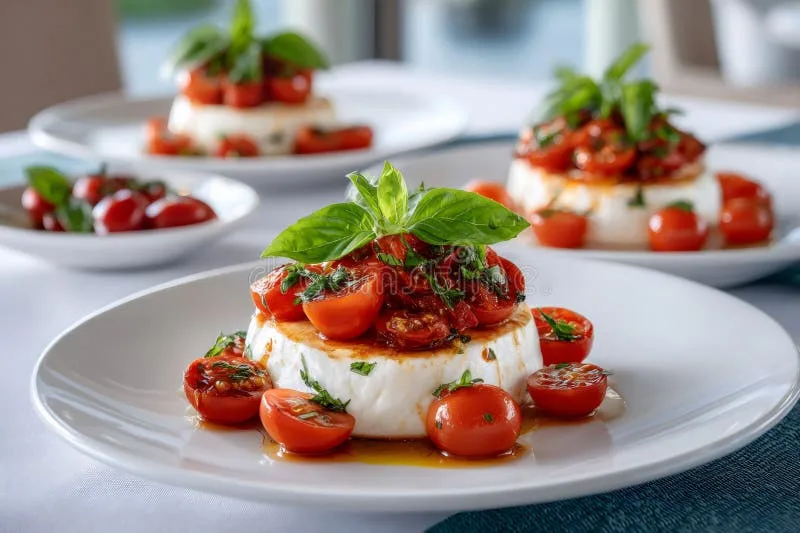 Creamy ricotta topped with halved cherry tomatoes and fresh green basil leaves
