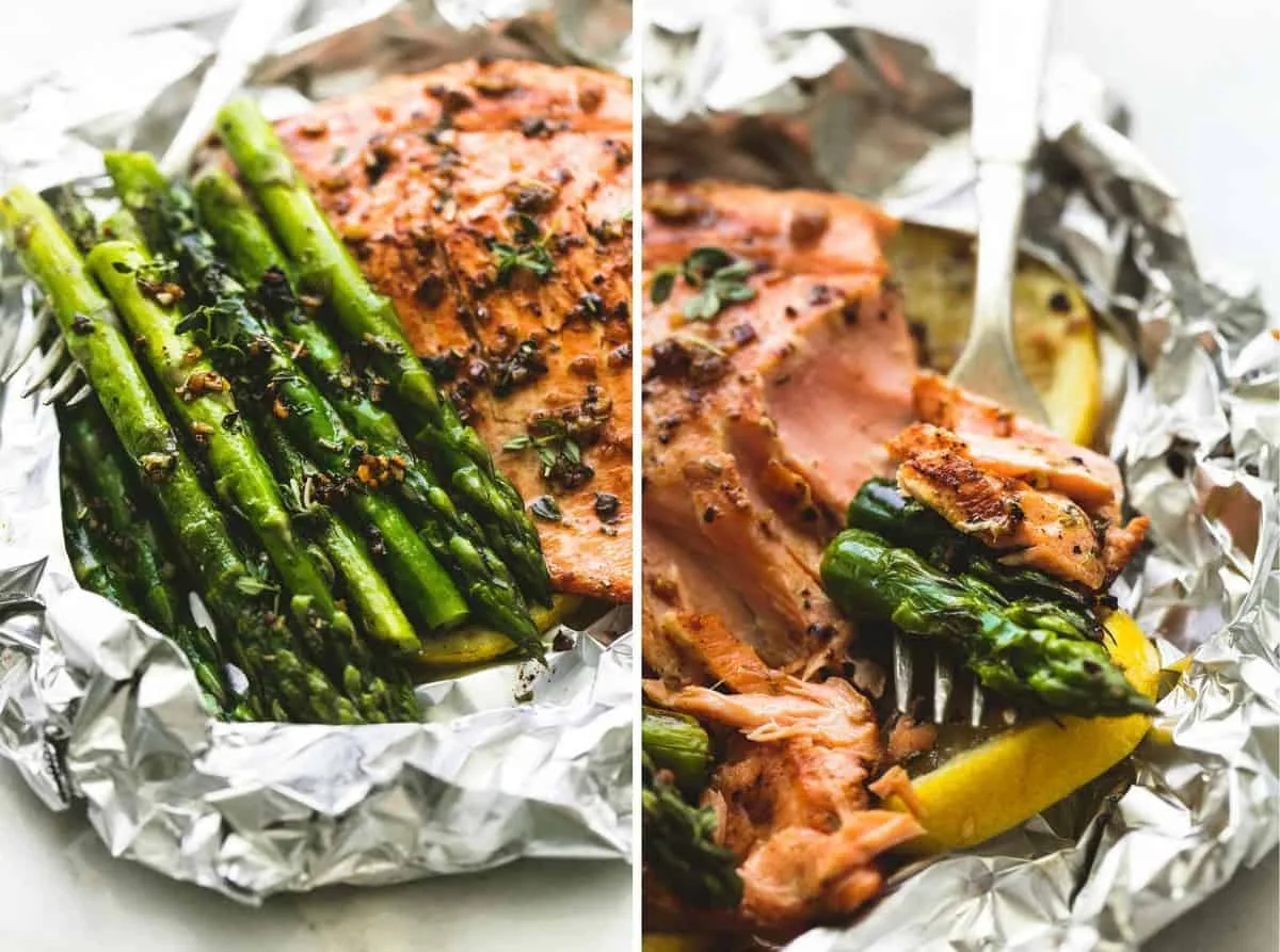 Salmon fillets and asparagus spears wrapped in open foil packets ready to bake