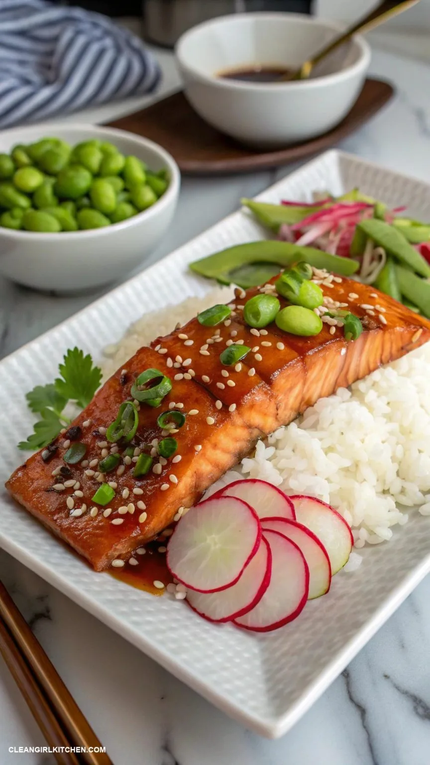 Salmon fillet over brown rice with edamame and sesame seeds in a bowl