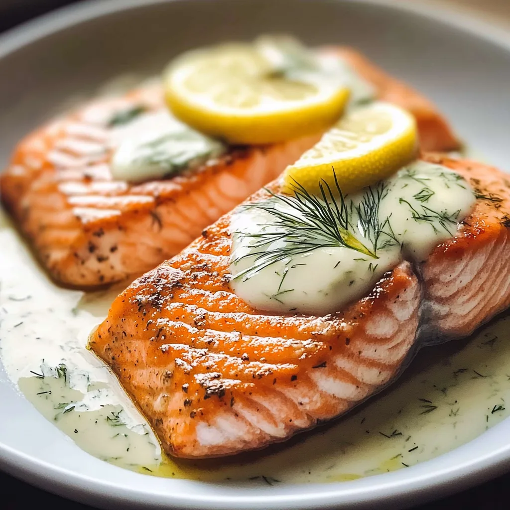 Poached salmon fillet in golden broth garnished with fresh dill and lemon slices