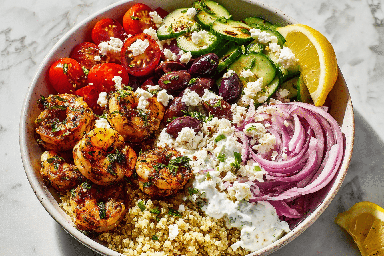 Shrimp and black-eyed peas served in a bowl with fresh vegetables