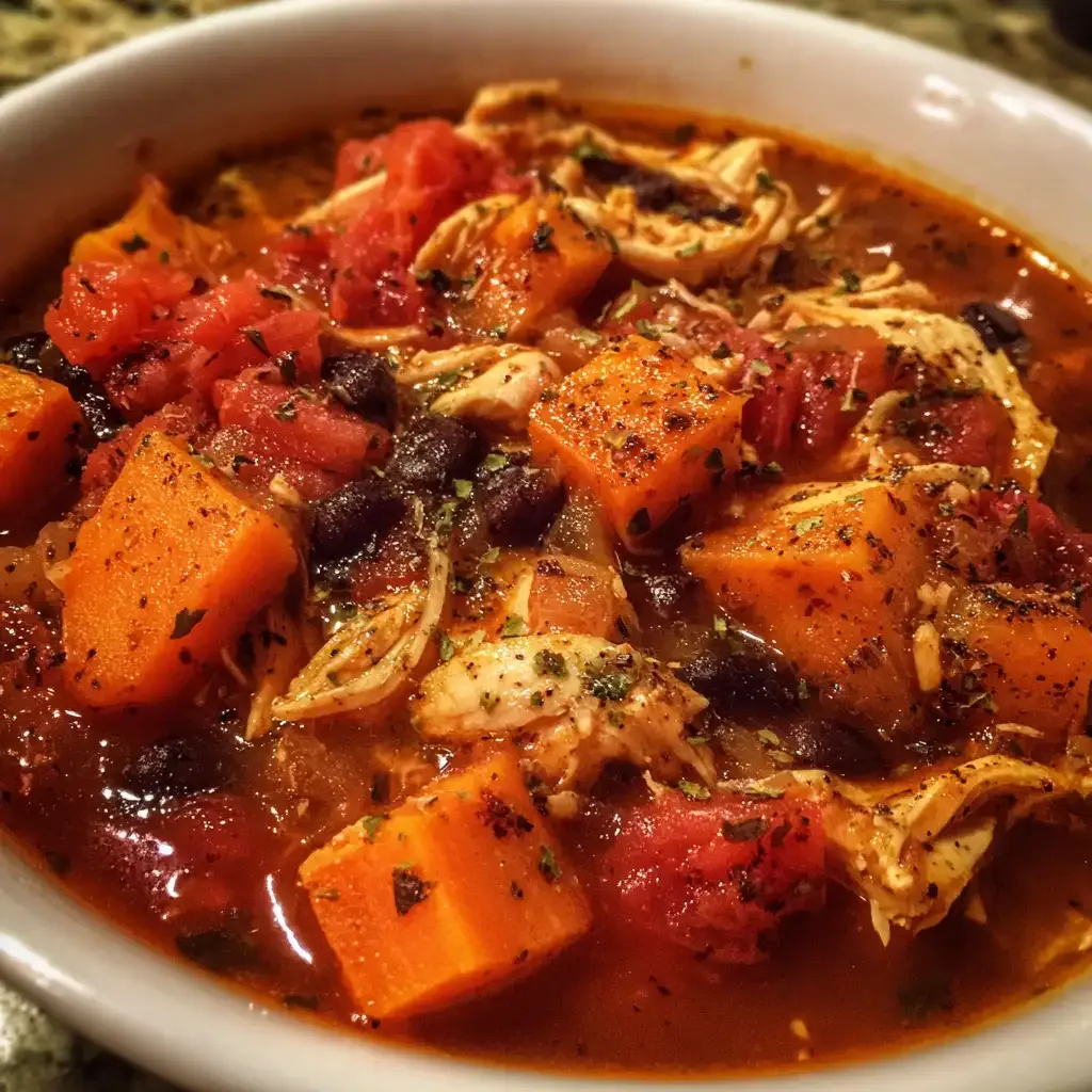 Hearty chicken and sweet potato chili served in a rustic bowl with toppings