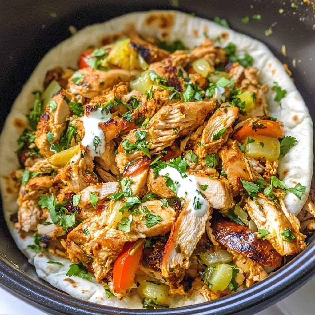 Slow cooker chicken shawarma served in warm pita with fresh vegetables and sauce