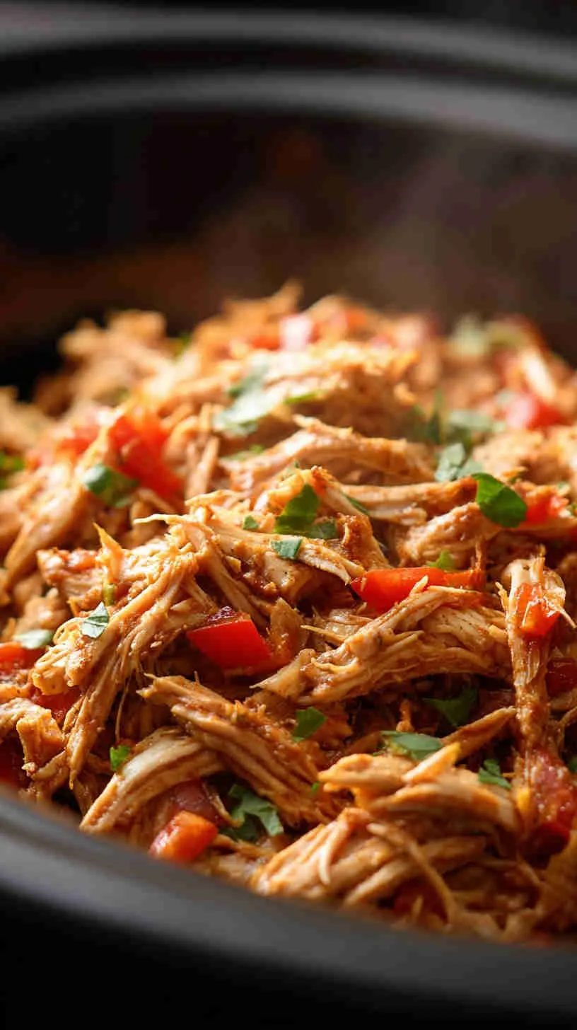 Shredded seasoned chicken taco filling in a slow cooker with spices