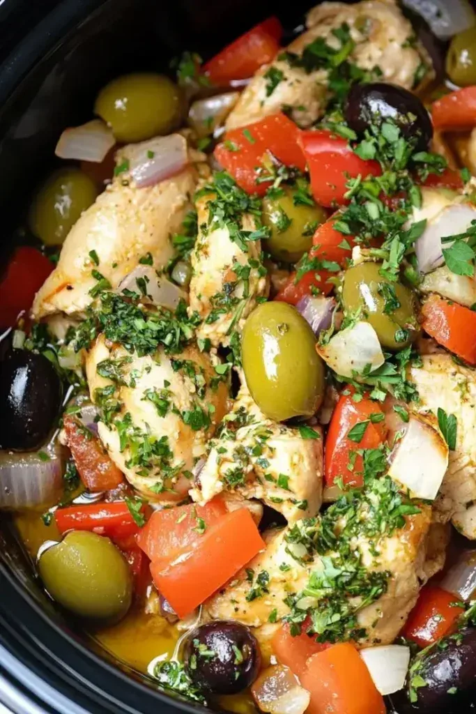 Tender slow cooker chicken with olives, tomatoes, and fresh herbs in a bowl