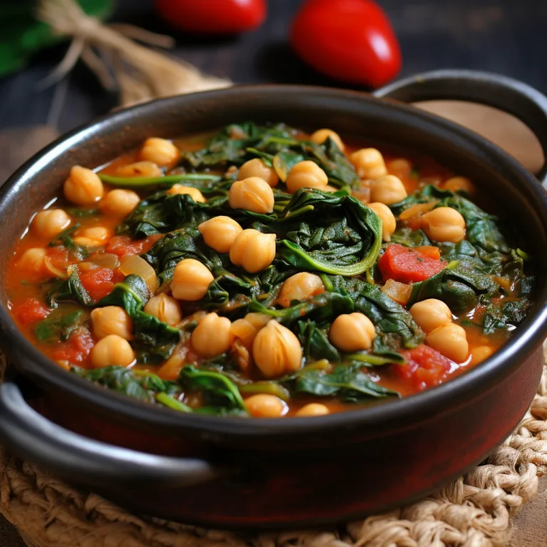 A hearty bowl of spiced chickpea and spinach stew with rich tomato broth