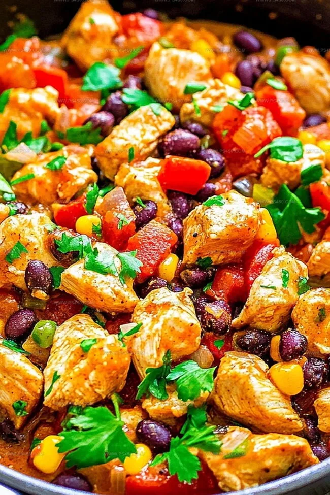 Spicy chicken and black bean skillet topped with fresh cilantro and lime wedges