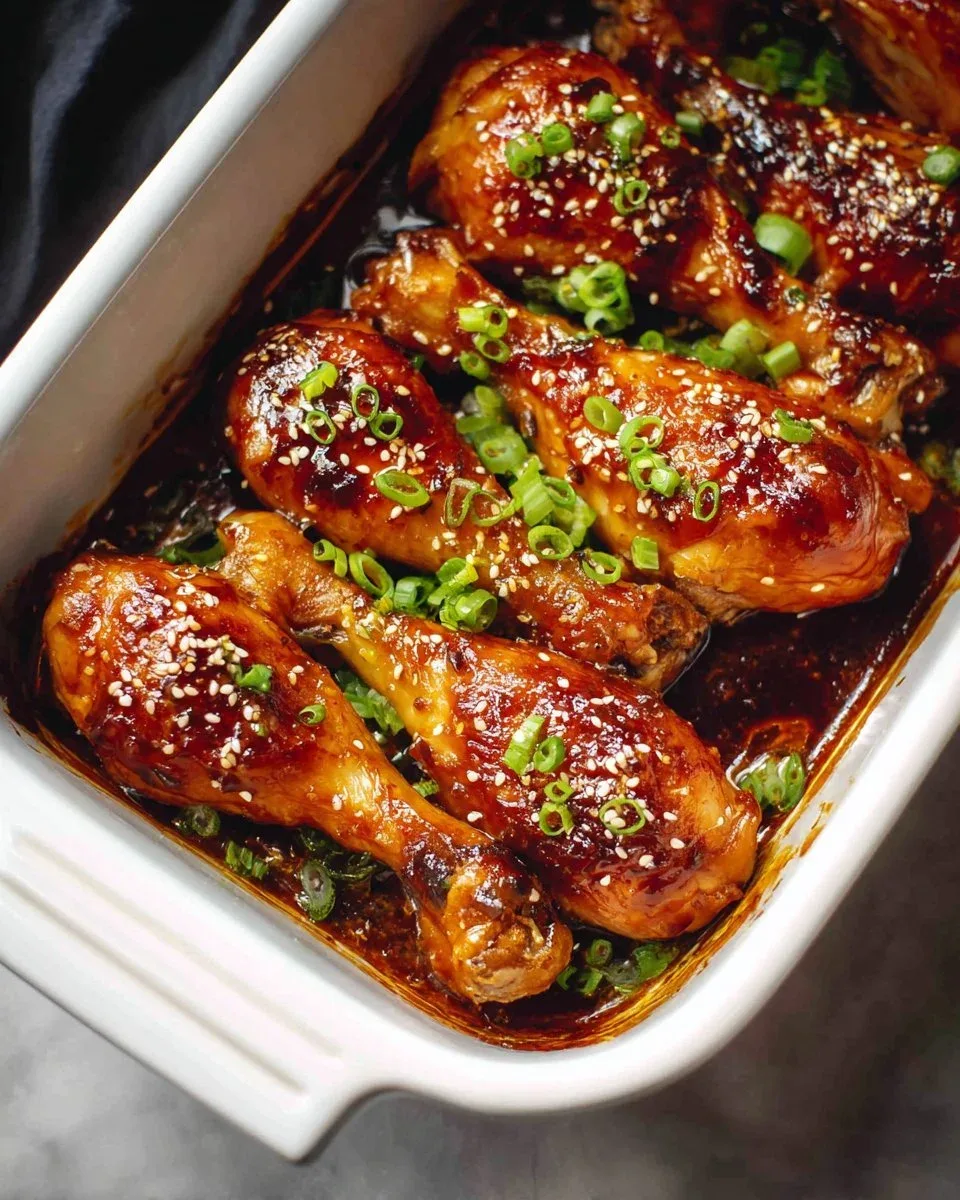 Glazed teriyaki chicken drumsticks on a white plate with sesame seeds