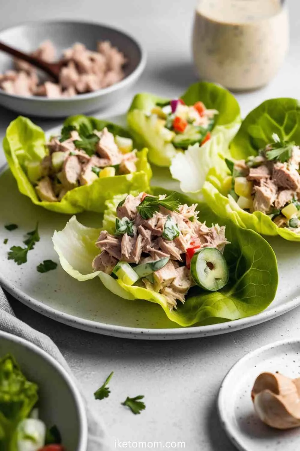 Tuna salad served in crisp lettuce cups on a white plate