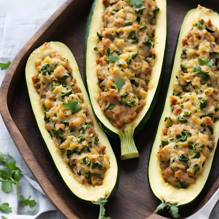 Halved zucchini boats filled with seasoned turkey and lentil mixture on a plate