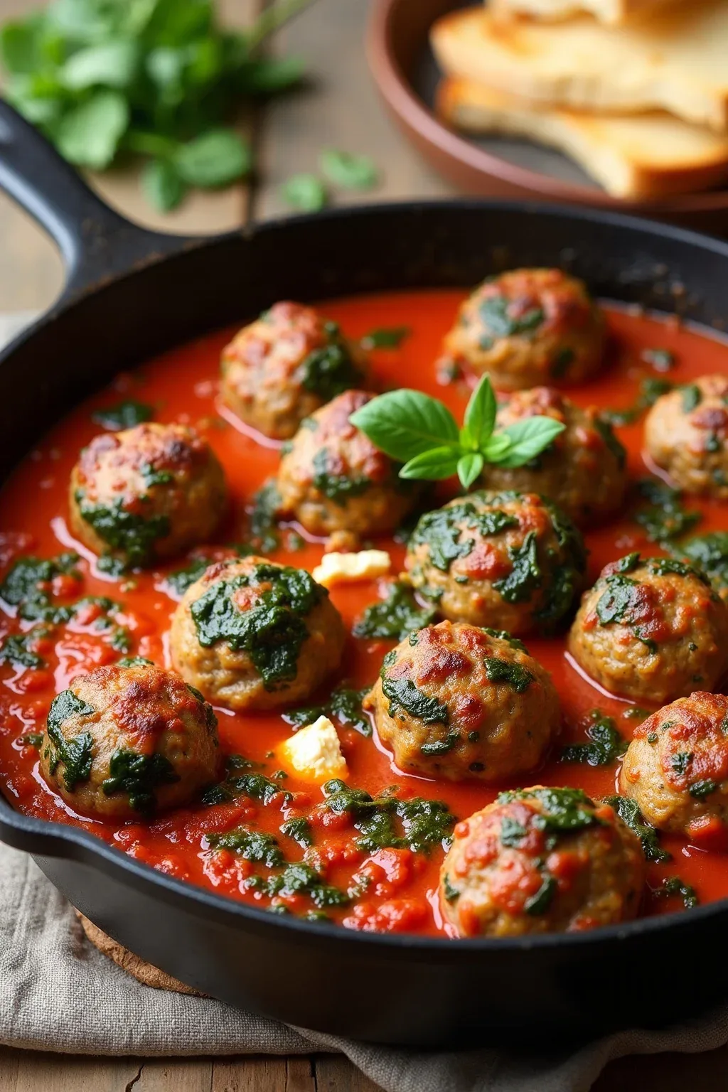 Turkey and spinach meatballs covered in rich marinara sauce in a white bowl