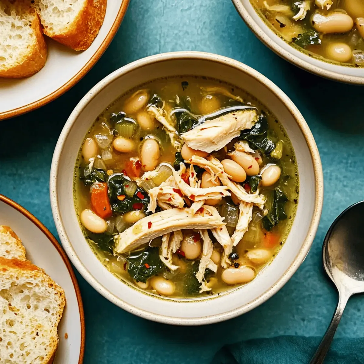 A hearty bowl of turkey and white bean soup with herbs on top