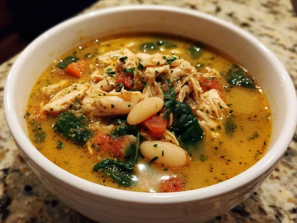 Rustic white bean and chicken soup with tomatoes and fresh herbs